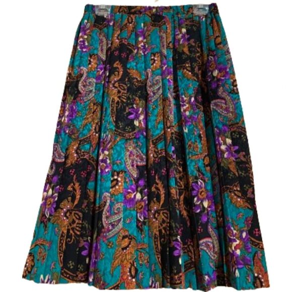 Women’s MULTI PLEATED ELASTIC PAISLEY & FLORAL PATTERN PRINT SATIN SKIRT Sz-M/L - Picture 1 of 4